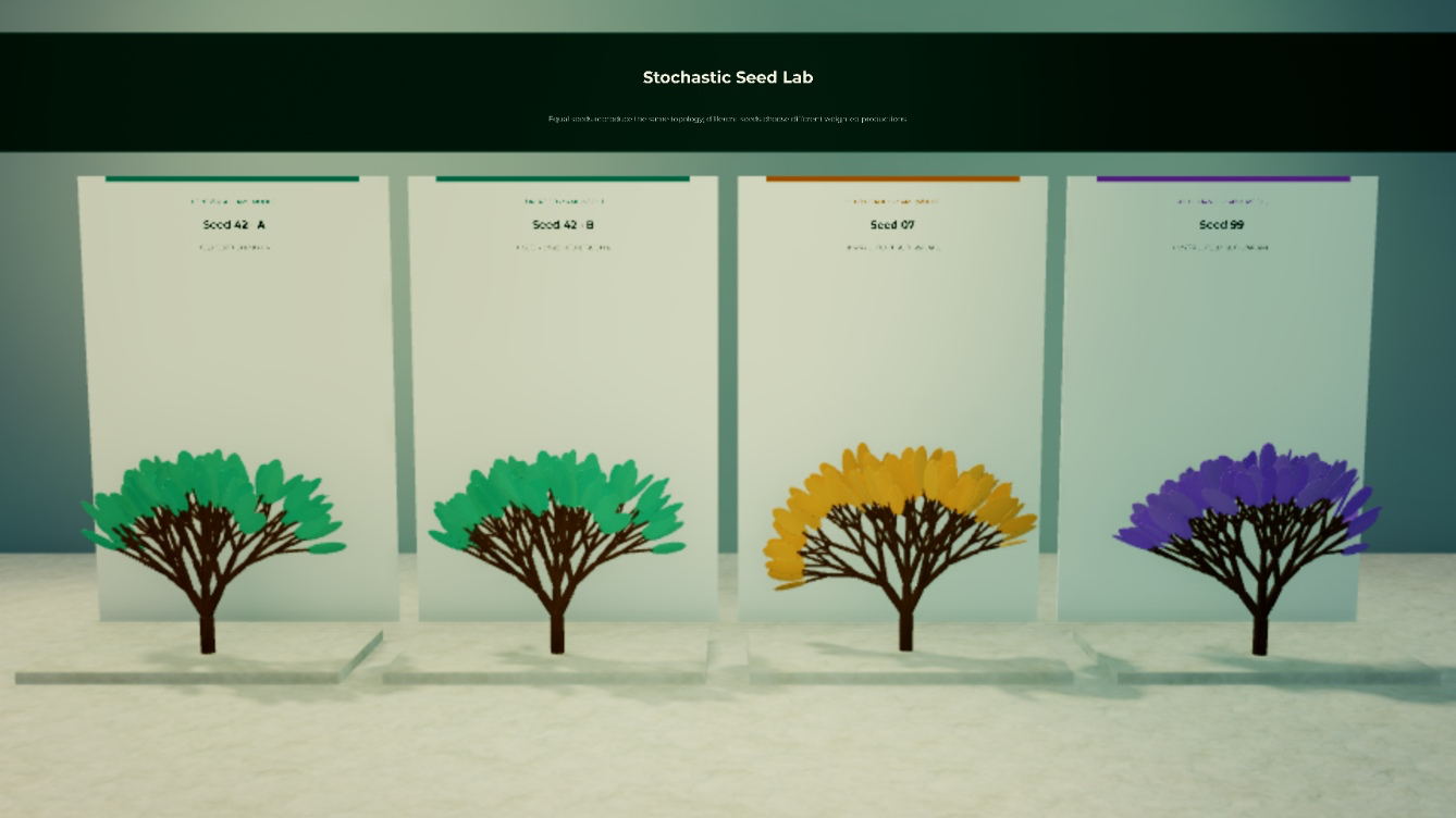 Four generated trees: two identical seed replays followed by two alternate seeded topologies.